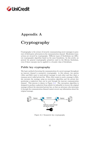 Appendix A
Cryptography
Cryptography is the science of securely communicating secret messages in pres-
ence of third party adversaries in the communication channel. Blockchain trans-
actions are secured by cryptography. Diﬀerent types of blockchains use diﬀer-
ent cryptographic algorithm based on the same foundation. In this article, we
present the general cryptographic primitives used in the Bitcoin blockchain,
even if these concepts can be applied to a broader class of blockchain.
Public key cryptography
The basic method of securing the communication of a secret message throughout
an insecure channel is symmetric cryptography: in this scheme, two parties
(Alice and Bob) want to send private message to each other and they share a
common secret called private key. When Alice wants to send a message to Bob,
she encrypts the message using an encryption algorithm and the private key
producing a cyphertext that can be sent through the insecure communication
channel. This process is shown in Figure A.1. The encryption algorithm is
designed to produce cyphertext from which it is infeasible to recover the original
message without the associated private key, so that an adversary who intercepts
it through the communication channel cannot recover any information about the
original message.
Figure A.1: Symmetric key cryptography.
22
 