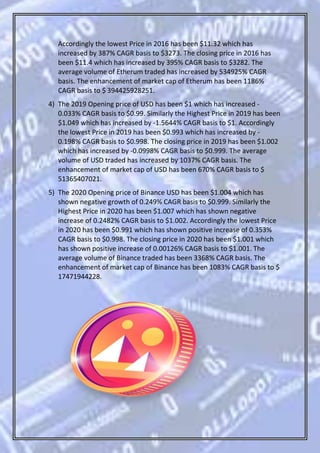 Accordingly the lowest Price in 2016 has been $11.32 which has
increased by 387% CAGR basis to $3273. The closing price in 2016 has
been $11.4 which has increased by 395% CAGR basis to $3282. The
average volume of Etherum traded has increased by 534925% CAGR
basis. The enhancement of market cap of Etherum has been 1186%
CAGR basis to $ 394425928251.
4) The 2019 Opening price of USD has been $1 which has increased -
0.033% CAGR basis to $0.99. Similarly the Highest Price in 2019 has been
$1.049 which has increased by -1.5644% CAGR basis to $1. Accordingly
the lowest Price in 2019 has been $0.993 which has increased by -
0.198% CAGR basis to $0.998. The closing price in 2019 has been $1.002
which has increased by -0.0998% CAGR basis to $0.999. The average
volume of USD traded has increased by 1037% CAGR basis. The
enhancement of market cap of USD has been 670% CAGR basis to $
51365407021.
5) The 2020 Opening price of Binance USD has been $1.004 which has
shown negative growth of 0.249% CAGR basis to $0.999. Similarly the
Highest Price in 2020 has been $1.007 which has shown negative
increase of 0.2482% CAGR basis to $1.002. Accordingly the lowest Price
in 2020 has been $0.991 which has shown positive increase of 0.353%
CAGR basis to $0.998. The closing price in 2020 has been $1.001 which
has shown positive increase of 0.00126% CAGR basis to $1.001. The
average volume of Binance traded has been 3368% CAGR basis. The
enhancement of market cap of Binance has been 1083% CAGR basis to $
17471944228.
 