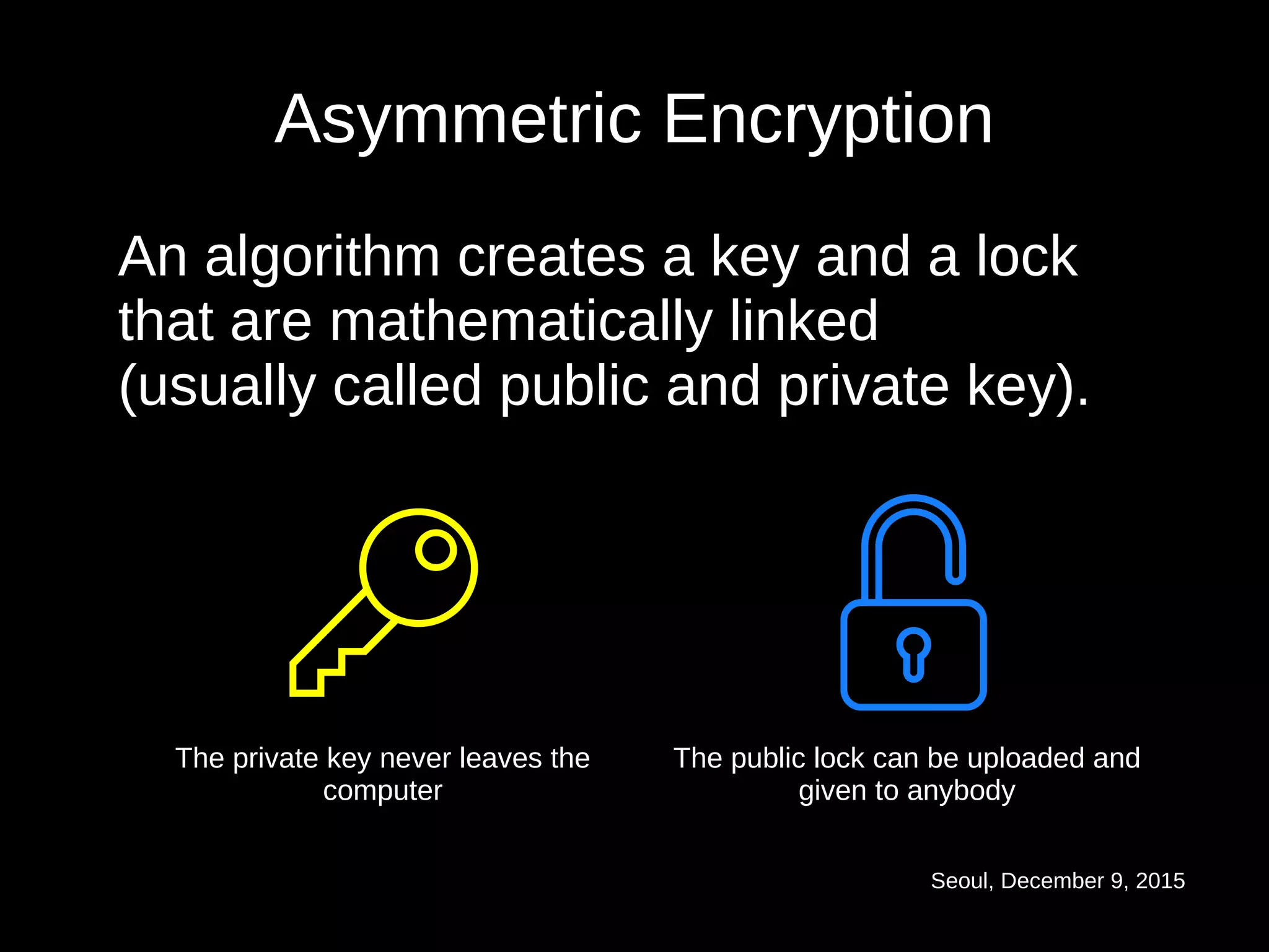 Seoul, December 9, 2015
Asymmetric Encryption
An algorithm creates a key and a lock
that are mathematically linked
(usually called public and private key).
The private key never leaves the
computer
The public lock can be uploaded and
given to anybody
 