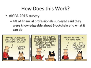 How Does this Work?
• AICPA 2016 survey
– 4% of financial professionals surveyed said they
were knowledgeable about Blockchain and what it
can do
 