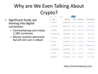 Why are We Even Talking About
Crypto?
• Significant funds are
moving into digital
currencies
– Coinmarketcap.com tracks
1,185 currencies
– Bitcoin remains dominant,
but alt-coin use is robust
https://coinmarketcap.com/
 