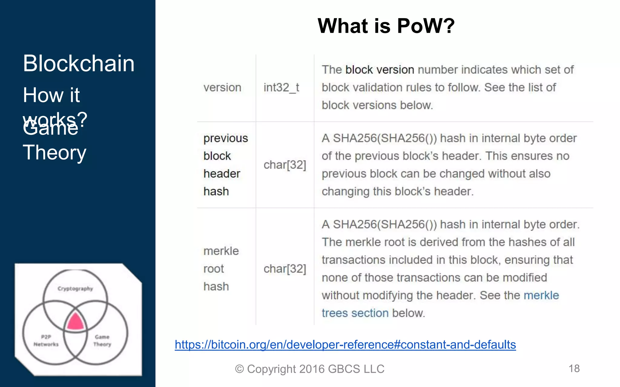 18© Copyright 2016 GBCS LLC
What is PoW?
Blockchain
How it
works?Game
Theory
https://bitcoin.org/en/developer-reference#constant-and-defaults
 