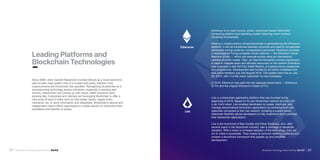32 Blockchain Technology Report 2018 by Inc42
Ethereum
33Blockchain Technology Report 2018 by Inc42
Lisk
Lisk is a blockchain application platform that was founded at the
beginning of 2016. Based on its own blockchain network and the LSK
(Lisk Coin) token, Lisk enables developers to create, distribute, and
manage decentralised blockchain applications by providing their own
sidechain connected to the Lisk network, including a custom token.
their blockchain applications.
Lisk is the brainchild of Max Kordek and Oliver Beddows, who, after
several years in the blockchain industry, saw a shortage of developer
adoption. With a vision to increase adoption of the technology, they set
out to make it accessible. They looked at common teething problems and
development.
Since 2008, when Satoshi Nakamoto invented Bitcoin as a novel electronic
peer-to-peer cash system free of a trusted third party, interest in the
cryptocurrency and blockchain has spiralled. Recognising its potential as a
revolutionising technology across industries, especially in banking and
passing day. Companies and startups are leveraging blockchain to offer a
independent nature offers organisations a viable solution to streamline their
operations and transfer of assets.
Leading Platforms and
Blockchain Technologies
computing platform and operating system featuring smart contract
(scripting) functionality.
platform. It can be transferred between accounts and used to compensate
and programmer. Development was funded by an online crowdsale that
took place between July and August 2014. The system went live on July
30, 2015, with 11.9 Mn coins “premined” for the crowdsale.
 