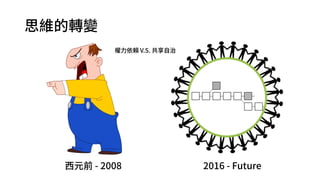 思維的轉變
西元前 - 2008 2016 - Future
權力依賴 V.S. 共享自治
 