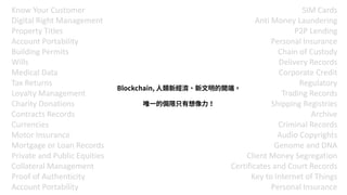 Know Your Customer
Digital Right Management
Property Titles
Account Portability
Building Permits
Wills
Medical Data
Tax Returns
Loyalty Management
Charity Donations
Contracts Records
Currencies
Motor Insurance
Mortgage or Loan Records
Private and Public Equities
Collateral Management
Proof of Authenticity
Account Portability
SIM Cards
Anti Money Laundering
P2P Lending
Personal Insurance
Chain of Custody
Delivery Records
Corporate Credit
Regulatory
Trading Records
Shipping Registries
Archive
Criminal Records
Audio Copyrights
Genome and DNA
Client Money Segregation
Certificates and Court Records
Key to Internet of Things
Personal Insurance
Blockchain, 人類新經濟、新文明的開端，
唯一的侷限只有想像力！
 