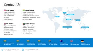 INDIA OFFICE
Cygnet Infotech Pvt. Ltd.
16-Swastik Society,
Nr. AMCO Bank, Stadium Circle,
Navrangpura, Ahmedabad 380009
+91-79-67124000
INDIA (PUNE)
+91-6359650113
INDIA (MUMBAI)
+91-7433970638
INDIA (NOIDA)
+91-12-04164954
SOUTH AFRICA
+27 (0) 21 3002981
AUSTRALIA
+61-280-147-206
UK
+44-20-8099-1653
GERMANY
+49-3222-1090-129
USA
GERMANY
UK
SOUTH AFRICA
DUBAI
INDIA
AUSTRALIA
USA OFFICE
Cygnet Infotech LLC.
125 Village Boulevard,
Suite 315, Princeton,
NJ 08540
+1-609-245-0971
DUBAI OFFICE
Cygnet Fintech Software
Unit 807, Ubora Tower 2,
Business Bay, Dubai,
UAE, PO Box No.: 418360
+971 52 830 5127
Contact Us
INDIA (BENGALURU)
+91-9986216516
inquiry@cygnetinfotech.com www.cygnet-infotech.com
UK OFFICE
Cygnet Infotech Limited
Devonshire House,
60 Goswell Road,
London, United Kingdom
EC1M 7AD
+44-20-8099-1653
 