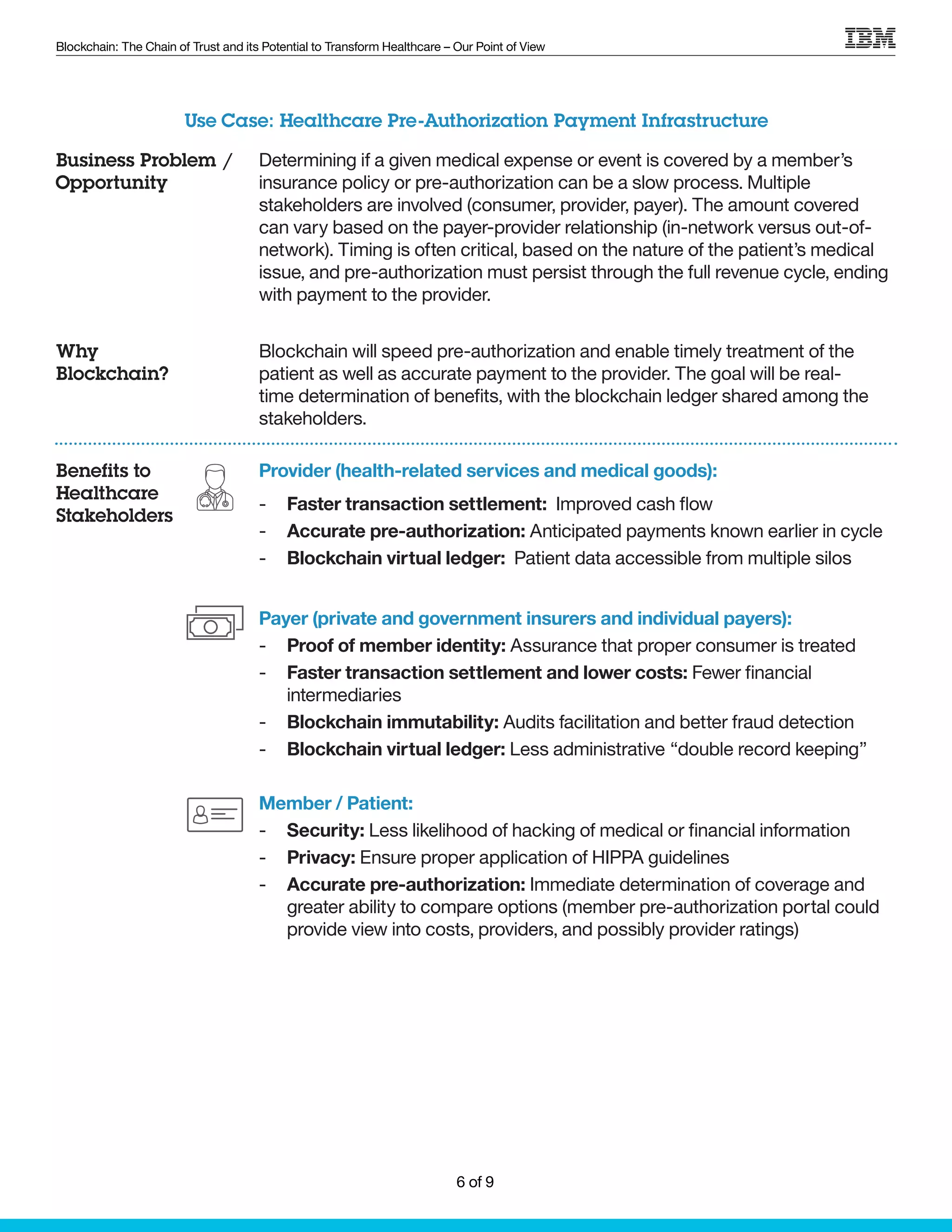 Blockchain: The Chain of Trust and its Potential to Transform Healthcare – Our Point of View
Determining if a given medical expense or event is covered by a member’s
insurance policy or pre-authorization can be a slow process. Multiple
stakeholders are involved (consumer, provider, payer). The amount covered
can vary based on the payer-provider relationship (in-network versus out-of-
network). Timing is often critical, based on the nature of the patient’s medical
issue, and pre-authorization must persist through the full revenue cycle, ending
with payment to the provider.
Blockchain will speed pre-authorization and enable timely treatment of the
patient as well as accurate payment to the provider. The goal will be real-
time determination of benefits, with the blockchain ledger shared among the
stakeholders.
Provider (health-related services and medical goods):
-- Faster transaction settlement: Improved cash flow
-- Accurate pre-authorization: Anticipated payments known earlier in cycle
-- Blockchain virtual ledger: Patient data accessible from multiple silos
Payer (private and government insurers and individual payers):
-- Proof of member identity: Assurance that proper consumer is treated
-- Faster transaction settlement and lower costs: Fewer financial
intermediaries
-- Blockchain immutability: Audits facilitation and better fraud detection
-- Blockchain virtual ledger: Less administrative “double record keeping”
Member / Patient:
-- Security: Less likelihood of hacking of medical or financial information
-- Privacy: Ensure proper application of HIPPA guidelines
-- Accurate pre-authorization: Immediate determination of coverage and
greater ability to compare options (member pre-authorization portal could
provide view into costs, providers, and possibly provider ratings)
Use Case: Healthcare Pre-Authorization Payment Infrastructure
Business Problem /
Opportunity
Why
Blockchain?
Benefits to
Healthcare
Stakeholders
6 of 9
 