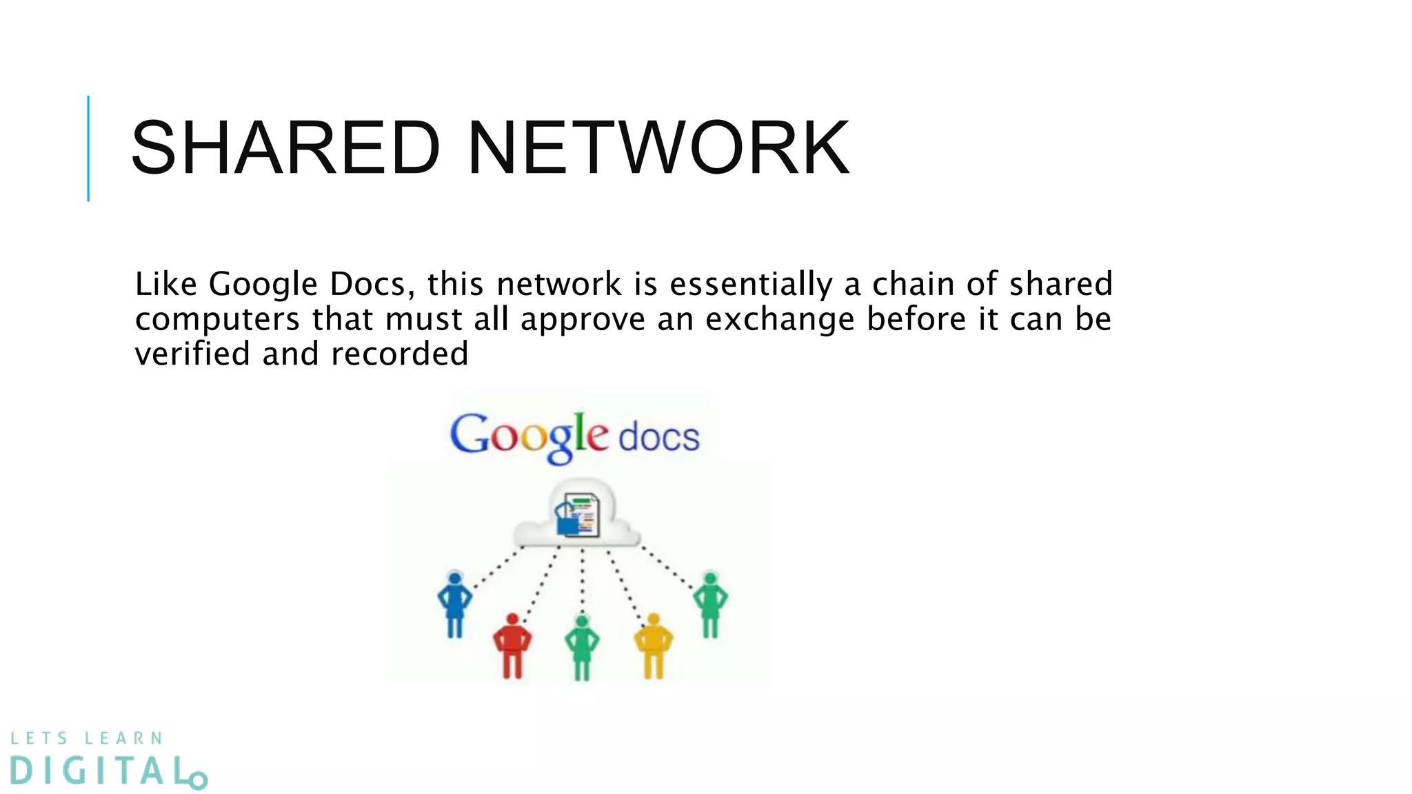 SHARED NETWORK
Like Google Docs, this network is essentially a chain of shared
computers that must all approve an exchange before it can be
verified and recorded
 