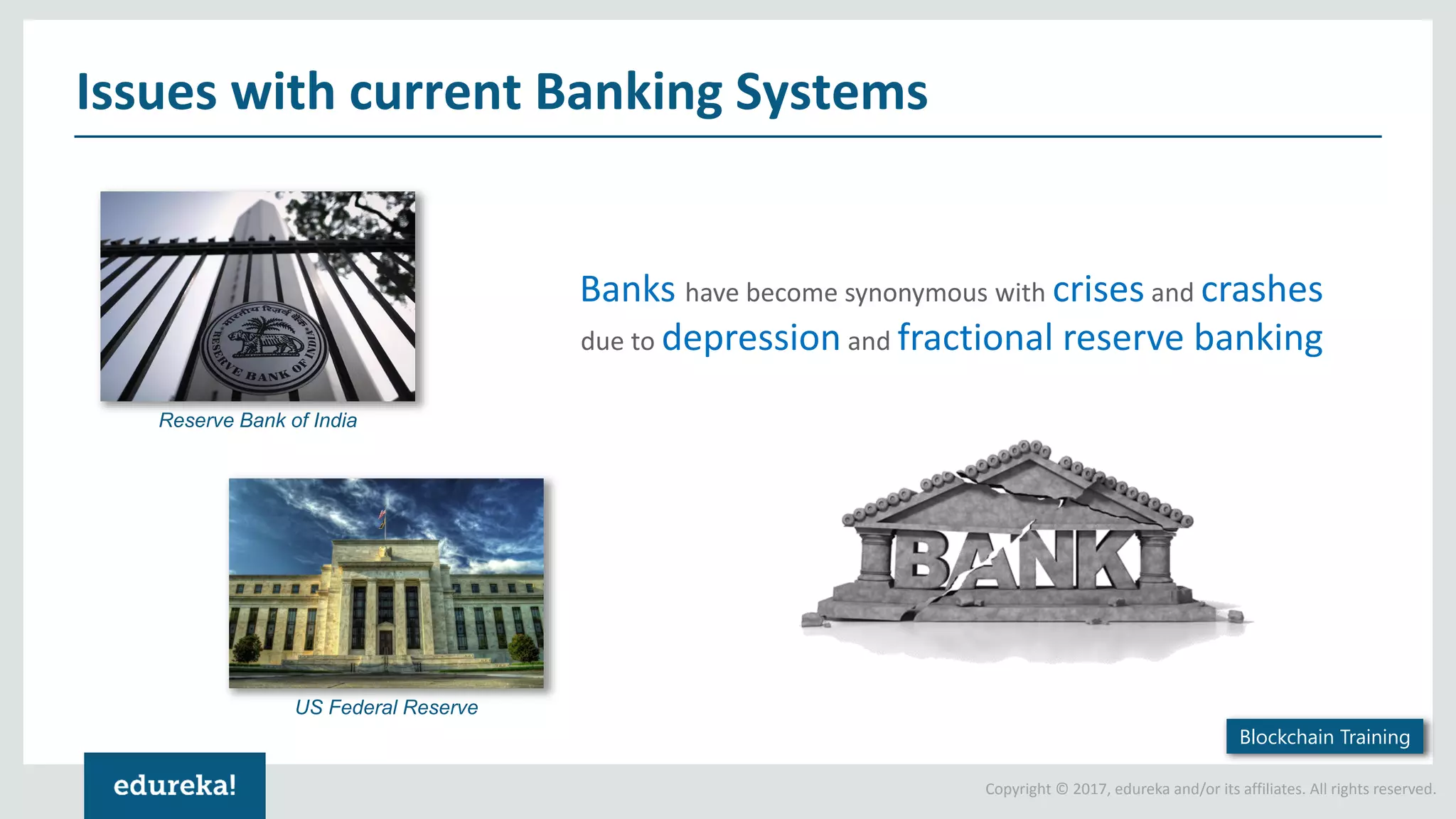 Copyright © 2017, edureka and/or its affiliates. All rights reserved. Issues with current Banking Systems US Federal Reserve Reserve Bank of India Banks have become synonymous with crises and crashes due to depression and fractional reserve banking Blockchain Training 
