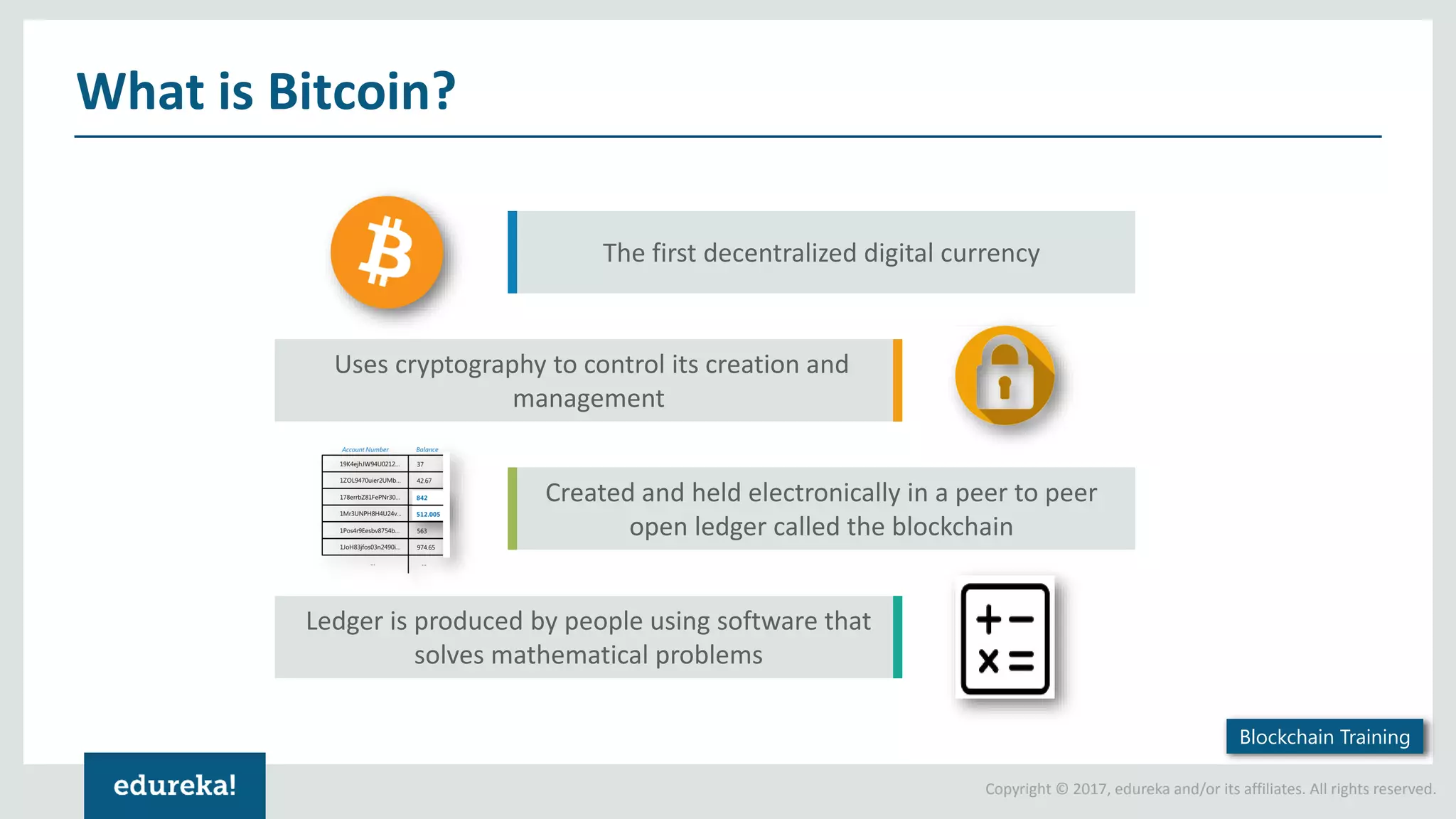 Copyright © 2017, edureka and/or its affiliates. All rights reserved. The first decentralized digital currency Ledger is produced by people using software that solves mathematical problems Created and held electronically in a peer to peer open ledger called the blockchain Uses cryptography to control its creation and management What is Bitcoin? 4 Blockchain Training 