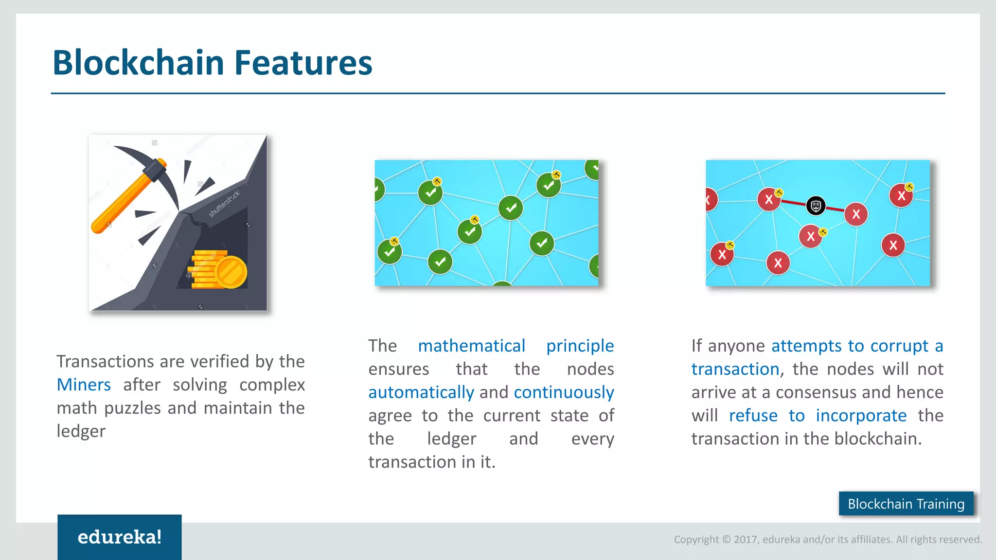 Copyright © 2017, edureka and/or its affiliates. All rights reserved. Blockchain Features Transactions are verified by the Miners after solving complex math puzzles and maintain the ledger The mathematical principle ensures that the nodes automatically and continuously agree to the current state of the ledger and every transaction in it. If anyone attempts to corrupt a transaction, the nodes will not arrive at a consensus and hence will refuse to incorporate the transaction in the blockchain. Blockchain Training 