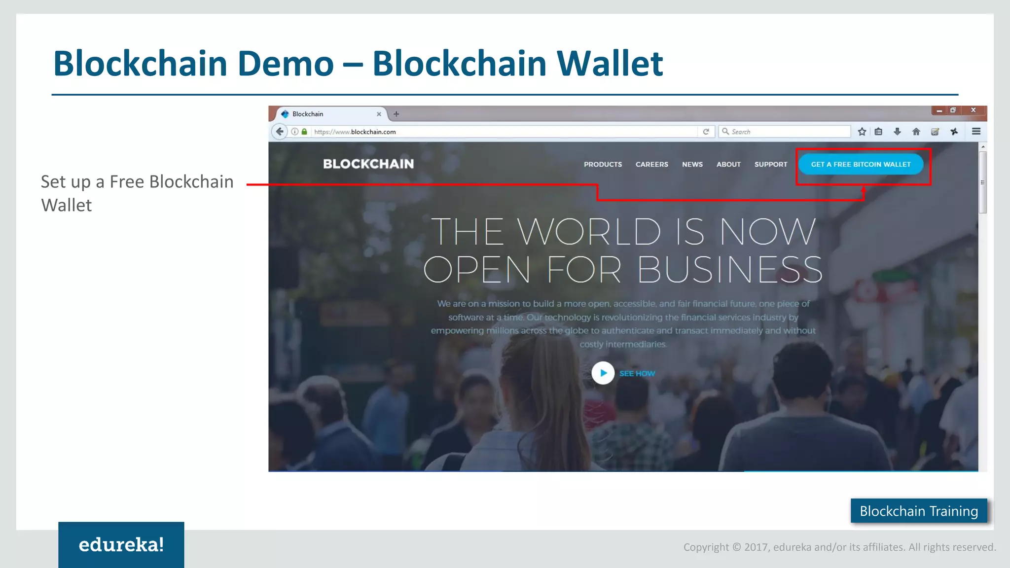 Copyright © 2017, edureka and/or its affiliates. All rights reserved. Blockchain Demo – Blockchain Wallet Set up a Free Blockchain Wallet Blockchain Training 