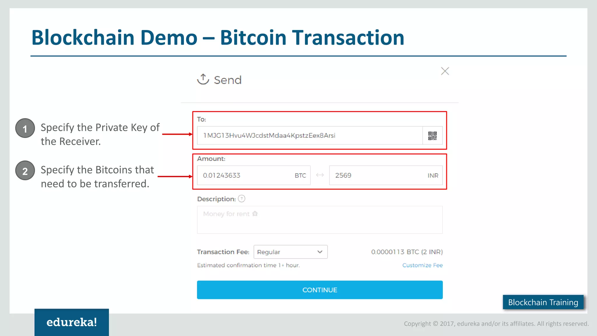 Copyright © 2017, edureka and/or its affiliates. All rights reserved. Blockchain Demo – Bitcoin Transaction Specify the Private Key of the Receiver. 1 Specify the Bitcoins that need to be transferred. 2 Blockchain Training 