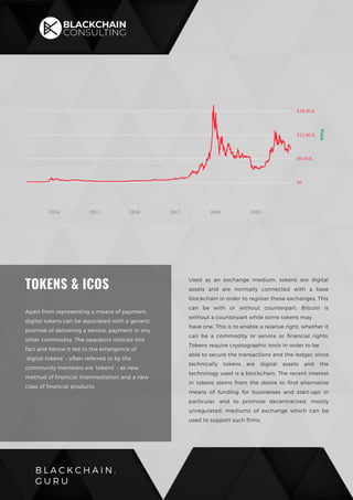 B L A C K C H A I N .
G U R U
TOKENS & ICOS
Apart from representing a means of payment,
digital tokens can be associated with a generic
promise of delivering a service, payment or any
other commodity. The operators noticed this
fact and hence it led to the emergence of
‘digital tokens’ – often referred to by the
community members are ‘tokens’ – as new
method of financial intermediation and a new
class of financial products.
Used as an exchange medium, tokens are digital
assets and are normally connected with a base
blockchain in order to register these exchanges. This
can be with or without counterpart: Bitcoin is
without a counterpart while some tokens may
have one. This is to enable a relative right, whether it
can be a commodity or service or financial rights.
Tokens require cryptographic tools in order to be
able to secure the transactions and the ledger, since
technically tokens are digital assets and the
technology used is a blockchain. The recent interest
in tokens stems from the desire to find alternative
means of funding for businesses and start-ups in
particular, and to promote decentralized, mostly
unregulated, mediums of exchange which can be
used to support such firms.
 