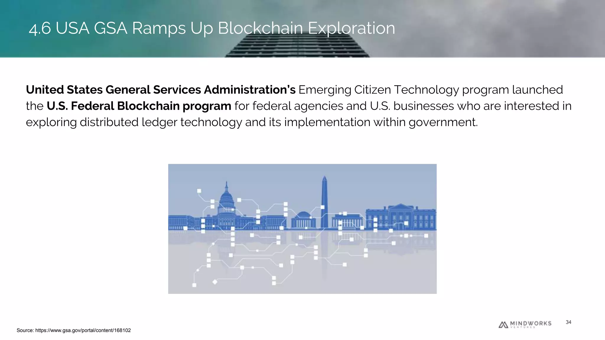 United States General Services Administration’s Emerging Citizen Technology program launched
the U.S. Federal Blockchain program for federal agencies and U.S. businesses who are interested in
exploring distributed ledger technology and its implementation within government.
4.6 USA GSA Ramps Up Blockchain Exploration
Source: https://www.gsa.gov/portal/content/168102
34
4.6 USA GSA Ramps Up Blockchain Exploration
 