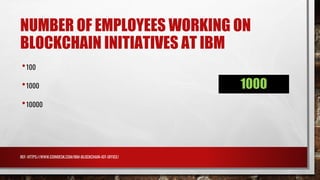 NUMBER OF EMPLOYEES WORKING ON
BLOCKCHAIN INITIATIVES AT IBM
1000
•100
•1000
•10000
REF: HTTPS://WWW.COINDESK.COM/IBM-BLOCKCHAIN-IOT-OFFICE/
 