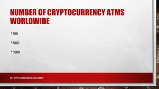 NUMBER OF CRYPTOCURRENCY ATMS
WORLDWIDE
•100
•1000
•3000
REF: HTTPS://COINATMRADAR.COM/CHARTS/
 