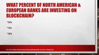 WHAT PERCENT OF NORTH AMERICAN &
EUROPEAN BANKS ARE INVESTING ON
BLOCKCHAIN?
•50%
•70%
•90%
REF: HTTPS://FINANCE.YAHOO.COM/NEWS/GLOBAL-BLOCKCHAIN-MARKET-2018-2024-114400693.HTML
 