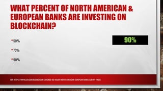 WHAT PERCENT OF NORTH AMERICAN &
EUROPEAN BANKS ARE INVESTING ON
BLOCKCHAIN?
•50%
•70%
•90%
REF: HTTPS://WWW.CCN.COM/BLOCKCHAIN-EXPLORED-90-MAJOR-NORTH-AMERICAN-EUROPEAN-BANKS-SURVEY-FINDS/
90%
 
