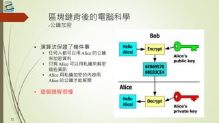 區塊鏈背後的電腦科學
-公鑰加密
• 演算法保證了幾件事
• 任何人都可以用 Alice 的公鑰
來加密資料
• 只有 Alice 可以用私鑰來解密
這些資訊
• Alice 用私鑰加密的內容用
Alice 的公鑰才能解開
• 這個過程很慢
11
 