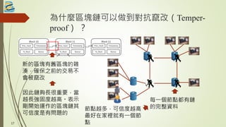 為什麼區塊鏈可以做到對抗竄改（Temper-
proof） ？
新的區塊有舊區塊的雜
湊，確保之前的交易不
會被竄改
每一個節點都有鏈
的完整資料
17
因此鏈夠長很重要，當
越長強固度越高。表示
剛開始運作的區塊鏈其
可信度是有問題的
節點越多，可信度越高
最好在家裡就有一個節
點
 