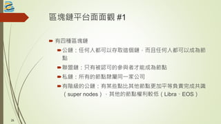 區塊鏈平台面面觀 #1
 有四種區塊鏈
公鏈：任何人都可以存取這個鏈，而且任何人都可以成為節
點
聯盟鏈：只有被認可的參與者才能成為節點
私鏈：所有的節點隸屬同一家公司
有階級的公鏈：有某些點比其他節點更加平等負責完成共識
（super nodes），其他的節點權利較低（Libra、EOS）
26
 