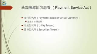 新加坡政府怎麼看 （Payment Service Act）
 支付型代幣（Payment Token or Virtual Currency）
 直接排除穩定幣
 功能型代幣（Utility Token）
 證券型代幣（Securities Token）
36
 