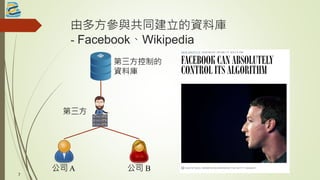 由多方參與共同建立的資料庫
- Facebook、Wikipedia
第三方控制的
資料庫
公司 A 公司 B
第三方
7
 
