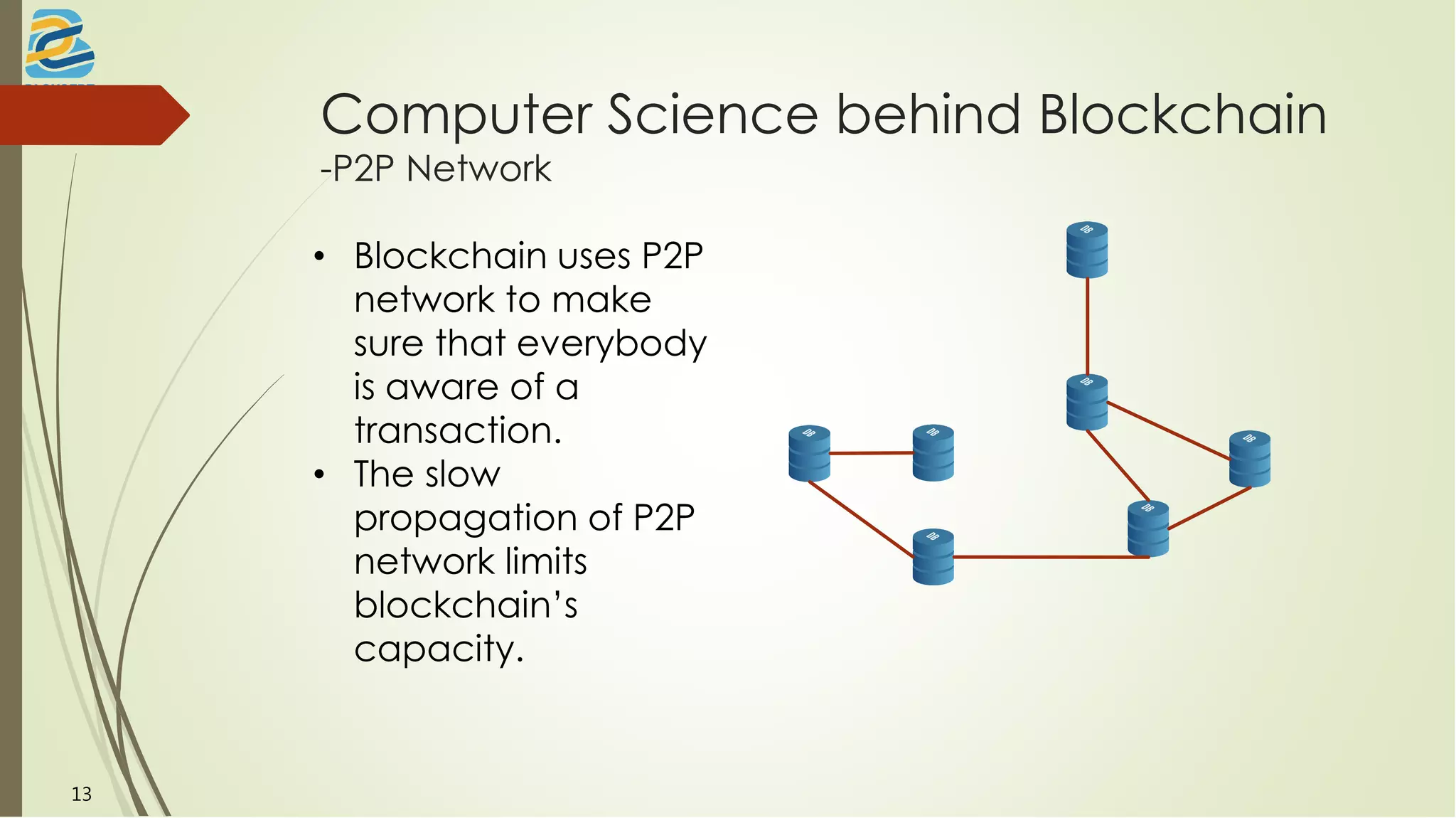 Computer Science behind Blockchain
-P2P Network
• Blockchain uses P2P
network to make
sure that everybody
is aware of a
transaction.
• The slow
propagation of P2P
network limits
blockchain’s
capacity.
13
 