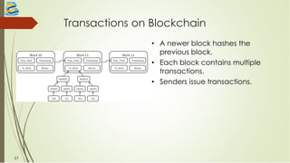 Transactions on Blockchain
Block 11
Prev_Hash
Tx_Root
Timestamp
Nonce
Block 10
Prev_Hash
Tx_Root
Timestamp
Nonce
Block 12
Prev_Hash
Tx_Root
Timestamp
Nonce
Hash01 Hash23
Hash0 Hash1 Hash2 Hash3
Tx0 Tx1 Tx2 Tx3
• A newer block hashes the
previous block.
• Each block contains multiple
transactions.
• Senders issue transactions.
17
 