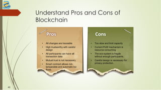 Understand Pros and Cons of
Blockchain
Pros
• All changes are traceable
• High trustworthy with careful
design
• All participants can have all
transaction data
• Mutual trust is not necessary
• Smart contract allows not-
temperable and automatic biz
flows.
Cons
• Too slow and limit capacity
• Current PoW mechanism is
resource consuming
• The eco-system is fragile
without enough participants.
• Careful design is necessary for
privacy protection.
40
 
