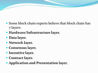  Some block chain experts believe that block chain has
7 layers:
 Hardware/Infrastructure layer.
 Data layer.
 Network layer.
 Consensus layer.
 Incentive layer.
 Contract layer.
 Application and Presentation layer.
 