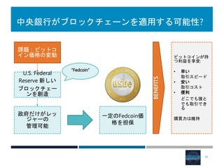 中央銀行がブロックチェーンを適用する可能性?
34
課題：ビットコ
イン価格の変動
U.S. Federal
Reserve 新しい
ブロックチェー
ンを創造
“Fedcoin”
政府だけがレッ
ジャーの
管理可能
一定のFedcoin価
格を担保
BENEFITS
ビットコインが持
つ利益を享受:
• 早い
取引スピード
• 安い
取引コスト
• 便利
どこでも誰と
でも取引でき
る
購買力は維持
 