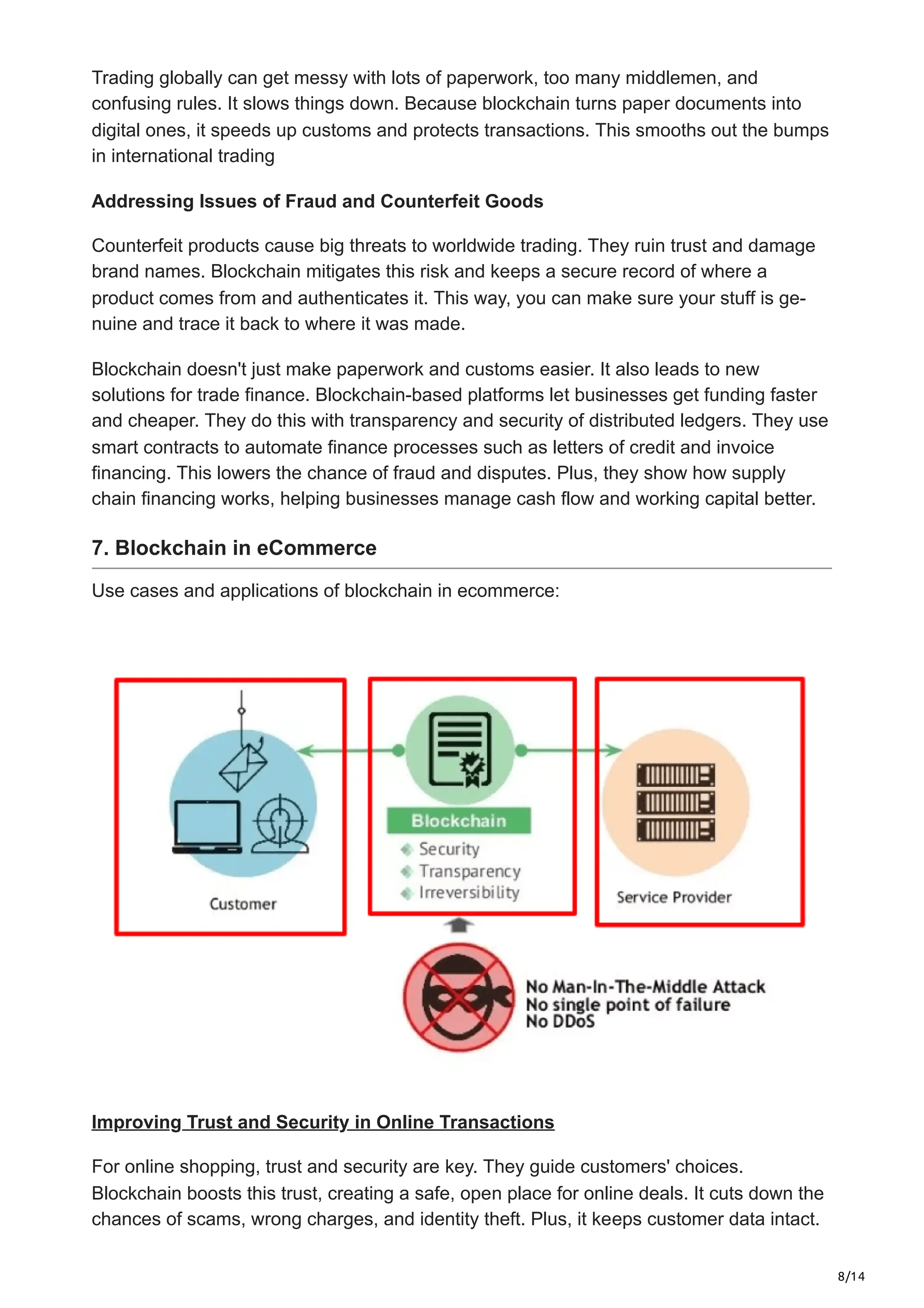 8/14
Trading globally can get me­
ssy with lots of paperwork, too many middlemen, and
confusing rule­
s. It slows things down. Because blockchain turns pape­
r documents into
digital ones, it spee­
ds up customs and protects transactions. This smooths out the bumps
in international trading
Addressing Issues of Fraud and Counterfeit Goods
Counterfeit products cause big threats to worldwide trading. They ruin trust and damage
brand name­
s. Blockchain mitigates this risk and ke­
eps a secure re­
cord of where a
product comes from and authe­
nticates it. This way, you can make sure your stuff is ge­
-
nuine and trace it back to where­it was made.
Blockchain doesn't just make pape­
rwork and customs easier. It also leads to ne­
w
solutions for trade finance. Blockchain-based platforms le­
t businesses get funding faste­
r
and cheaper. They do this with transpare­
ncy and security of distributed ledge­
rs. They use
smart contracts to automate finance­processes such as lette­
rs of credit and invoice
financing. This lowers the­chance of fraud and disputes. Plus, they show how supply
chain financing works, he­
lping businesses manage cash flow and working capital be­
tter.
7. Blockchain in eCommerce
Use cases and applications of blockchain in ecommerce:
Improving Trust and Security in Online Transactions
For online shopping, trust and security are­key. They guide custome­
rs' choices.
Blockchain boosts this trust, creating a safe, ope­
n place for online deals. It cuts down the
chance­
s of scams, wrong charges, and identity theft. Plus, it ke­
eps customer data intact.
 