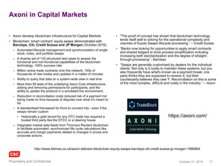 17November 4, 2016Copyright © 2016
We could go on and on …
Cont.
– 40 R3 CEV members (banks) have trialled
trading fixed income products over 5 separate
blockchains, involving technology from Chain,
Ethereum and Eris Industries (now known as
Monax)
– The Bank of Russia has developed and tested
an Ethereum-based blockchain prototype called
‘Masterchain’ for financial messaging, to be
used by banks in Russia
– The Australian Securities Exchange is building a
blockchain replacement for its current systems
and strengthen its role in the markets
– IBM and Credit Mutual are working on customer
identity services for verification and support in
blockchain applications
– Visa and Mastercard have live pilots in the
domain of cross border payments and exploring
how to extend financial services to adjunct
business, e.g. car leasing
Cont.
– Phillips is building a blockchain based
application for medical records management
– Siemens existing IoT activities has been
extended to encompass blockchain with a view
to developing the nascent area of Ledger of
Things
– Deloitte is working with several blockchain start
ups, including BlockCypher, Bloq and
Consensys, working on a range of banking,
insurance and payments processes. Deloitte
has a division on this called RUBIX.
– Blockchain ‘smart contract’ equity swaps
demonstrated with Barclays, Citi, Credit Suisse
and JP Morgan (Next slide)
– IBM in China building a blockchain application to
track the food supply chain, e.g. Pork, food
health
 