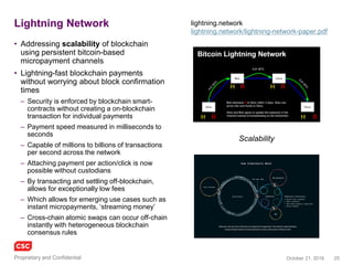 25November 4, 2016Copyright © 2016
Standardisation
…. the Hyperledger Project
• A Linux Foundation project, a collaborative effort created to
– Advance blockchain technology by identifying and addressing important features for a
cross-industry open standard for distributed ledgers
– Not dependent on ‘mining’ for ‘proof of work’ (as in Bitcoin), consensus based on the
Practical Byzantine Fault Tolerance Algorithm (PBFT)
– Transform the way business transactions are conducted globally
– An operating system for trusted, accountable and transparent interactions
• Actively involved include Accenture, IBM, Intel, JPMorgan, R, financial institutions
www.hyperledger.org
http://www.coindesk.com/stellar-ripple-hyperledger-rivals-bitcoin-proof-work/
 