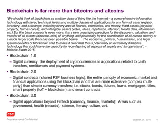 4November 4, 2016Copyright © 2016
Sample of recent blockchain industry news (last 10 days)
• The launch of a new cryptocurrency, Z.Cash, whose ‘genesis
block’ was minted on October 28, generating a price frenzy,
pushing its value over that of BTC (Bitcoin)
• MasterCard opens APIs to its blockchain
development/innovation lab to stimulate new applications in
P2C, P2P and B2B payments & supply chain
• A group of banks in South Africa are following those in USA and
Europe to establish collaborative trials of Ethereum blockchain
solutions for asset swaps and syndicated loans
• Disney became a blockchain advocate, releasing a platform
called Dragonchain, highlighting Disney tokens/coins,
streamlining distributed operations to ride queue optimisation
strategies
• Japan Bank Consortium formed (42 member banks) to trial
Ripple blockchain services for payments and settlement, moving
to 24-hour settlement and real time remittances
• Chain has decided to release an open source version of its
blockchain platform, attracting more attention from Visa (similar
move by RS CEV for its Corda oss via the HyperLedger Project)
• Capital One is to test blockchain for healthcare claims and
analytics, in partnership with Gem and healthcare API platform
PokitDok
• Commonwealth Bank and Wells Fargo announce they are
testing blockchain to support trade finance and a digitized fraud
resistant supply chain, initially focussed on the global cotton
market, working with Skuchain
• Mediachain Labs has released an oss blockchain based
image/media attribution engine that includes IPFS
(Interplanetary File System)
• Bank of Chain and HSBC are aiming to launch a blockchain
based property survey database, with integration to the bank’s
mortgage systems
• Five of Europe’s biggest insurers have joined forces to create
B3i (The Blockchain Insurance Industry Initiative), includes
Allianz, Swiss Re and Zurich and uses cover the gamut of the
entire insurance value chain
• Swift is spearheading a new Global Payments Initiative, led by
leading banks, that approximates how the blockchain works
• ABN AMRO and Delft University of Technology have partnered
to develop oss for complex blockchain applications
• Euler Hermes (insurance) has partnered with Fluent.Network to
build insurance applications on the blockchain
• HyperLedger, the Linux foundation oss effort to advance
standardisation of blockchain technology has added over 10
new members, including Huawei, Nokia and the National Stock
Exchange of India
• South Korea is planning a national digital currency using a
blockchain as part of a consorted effect in Fintech investments
• Estonia is expanding its leading e-Estonia digital citizen and e-
residency services, by partnering with BitNation
• AT&T is seeking a patent for a blockchain server, describing
subscriber home server consistent with Bitcoin
 