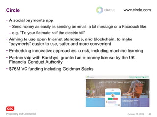 43November 4, 2016Copyright © 2016
MasterCard announce blockchain public API/lab
• MasterCard have
opened up APIs into
their blockchain
development lab
• Draw in developers /
SMEs around the
implications of
blockchain that
MasterCard view as
relevant to their
business, including
– P2M payments
– P2P payments
– B2B payments
– Trade Finance chains
– Supply chain
commerce https://developer.mastercard.com/product/mastercard-blockchain
 
