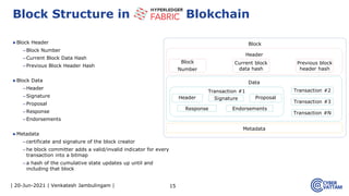 | 20-Jun-2021 | Venkatesh Jambulingam |
▶Block Header
–Block Number
–Current Block Data Hash
–Previous Block Header Hash
▶Block Data
–Header
–Signature
–Proposal
–Response
–Endorsements
▶Metadata
–certificate and signature of the block creator
–he block committer adds a valid/invalid indicator for every
transaction into a bitmap
–a hash of the cumulative state updates up until and
including that block
15
Block Structure in Blokchain
Block
Header
Block
Number
Previous block
header hash
Current block
data hash
Data
Transaction #2
Transaction #3
Transaction #N
Transaction #1
Header Signature Proposal
Response Endorsements
Metadata
 