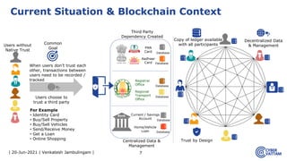 | 20-Jun-2021 | Venkatesh Jambulingam | 7
Current Situation & Blockchain Context
When users don’t trust each
other, transactions between
users need to be recorded /
tracked
Users without
Native Trust
Common
Goal
For Example
• Identity Card
• Buy/Sell Property
• Buy/Sell Vehicles
• Send/Receive Money
• Get a Loan
• Online Shopping
PAN
Card
Aadhaar
Card Database
Database
Bank Current / Savings
Account
Home/Vehicle
Loan
Database
Database
Registrar
Office
Regional
Transport
Office
Database
Database
Users choose to
trust a third party
Trust by Design
Decentralized Data
& Management
Copy of ledger available
with all participants
Centralized Data &
Management
Third Party
Dependency Created
 