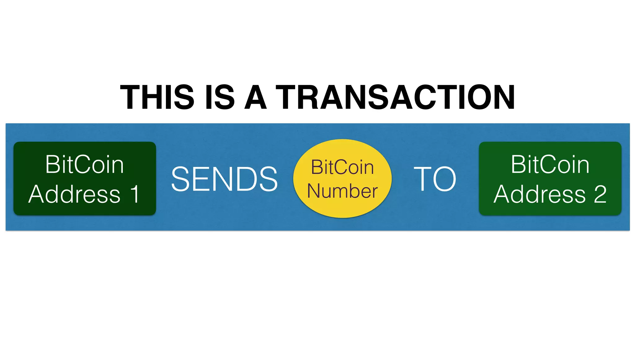 BitCoin
Address 1
BitCoin
NumberSENDS
BitCoin
Address 2TO
THIS IS A TRANSACTION
 