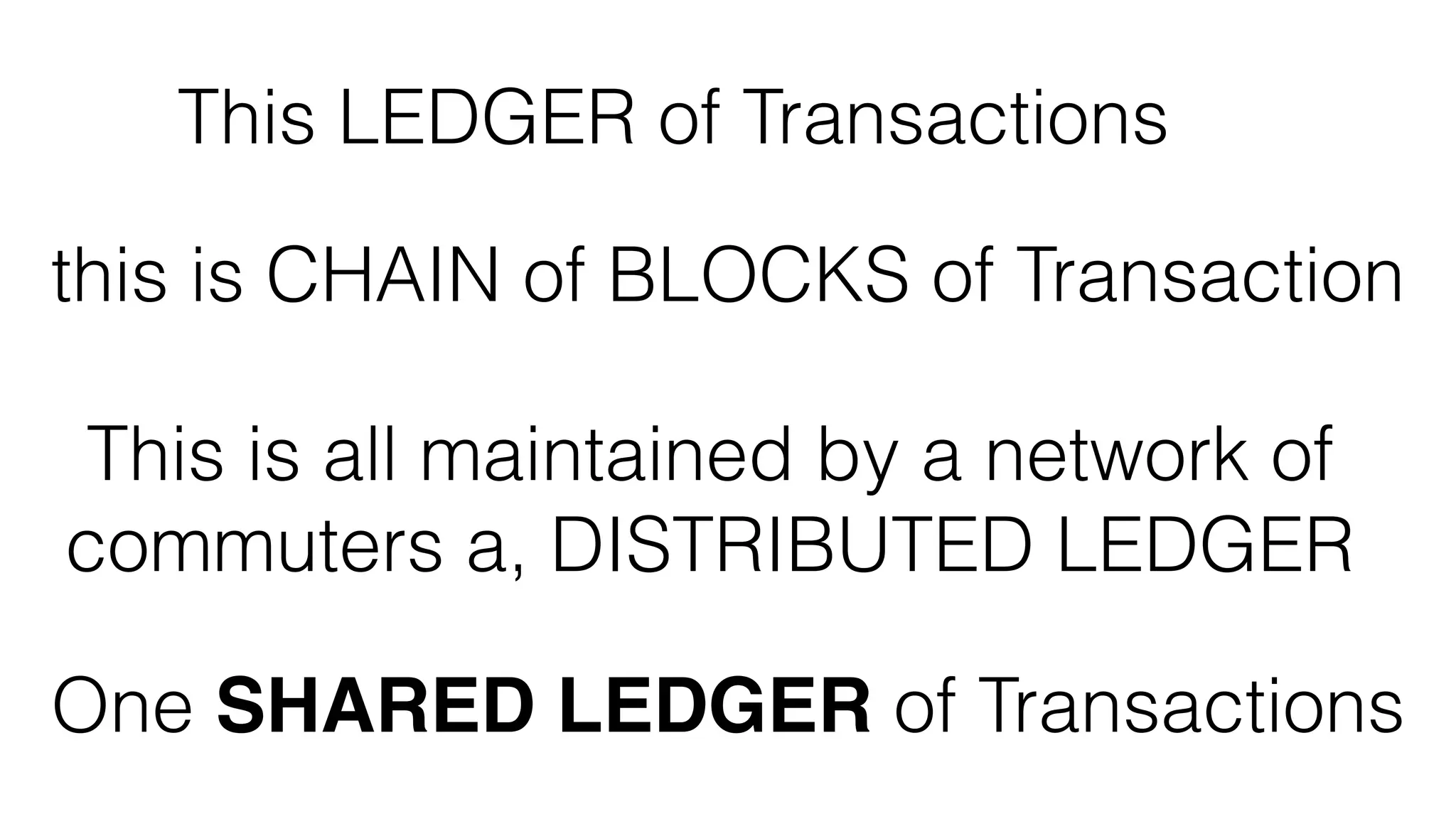 This LEDGER of Transactions
One SHARED LEDGER of Transactions
this is CHAIN of BLOCKS of Transaction
This is all maintained by a network of
commuters a, DISTRIBUTED LEDGER
 