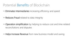 Potential Benefits of Blockchain
• Eliminates Intermediaries increasing efficiency and speed
• Reduces Fraud related to data integrity
• Operation simplification by helping to reduce cost and time related
reconciliations and disputes
• Helps Increase Revenue from new business model and saving
 