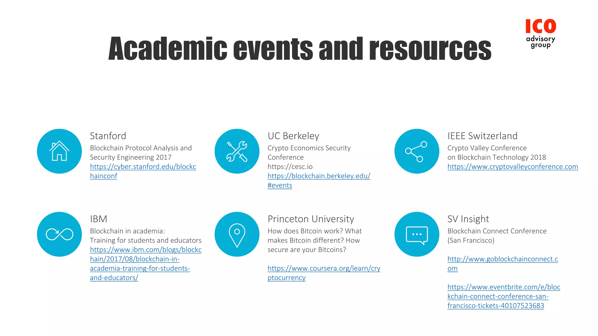 Crypto	Economics	Security	
Conference
https://cesc.io
https://blockchain.berkeley.edu/
#events
UC	Berkeley
How	does	Bitcoin	work?	What	
makes	Bitcoin	different?	How	
secure	are	your	Bitcoins?
https://www.coursera.org/learn/cry
ptocurrency
Princeton	University
Crypto	Valley	Conference
on Blockchain	Technology	2018
https://www.cryptovalleyconference.com
IEEE	Switzerland
Blockchain	Connect	Conference	
(San	Francisco)
http://www.goblockchainconnect.c
om
https://www.eventbrite.com/e/bloc
kchain-connect-conference-san-
francisco-tickets-40107523683
SV	Insight
Blockchain	Protocol	Analysis	and	
Security	Engineering	2017
https://cyber.stanford.edu/blockc
hainconf
Stanford
Blockchain	in	academia:
Training	for	students	and	educators
https://www.ibm.com/blogs/blockc
hain/2017/08/blockchain-in-
academia-training-for-students-
and-educators/
IBM
Academic events and resources
 