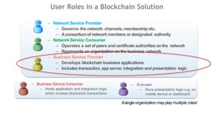 – Business Service Consumer
– Hosts application and integration logic
which invokes blockchain transactions
– End-user
– Runs presentation logic e.g. on
mobile device or dashboard
User Roles in a Blockchain Solution
– Network Service Provider
– Governs the network: channels, membership etc.
– Aconsortiumof network members or designated authority
– Network Service Consumer
– Operates a set of peers and certificate authorities on the network
– Represents an organization on the business network
– Business Service Provider
– Develops blockchain business applications
– Includes transaction, app server, integration and presentation logic
NSP
Asingle organization may play multiple roles!
 