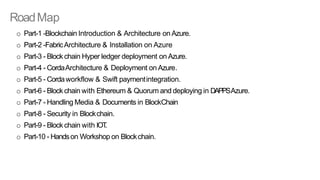 RoadMap
o Part-1 -Blockchain Introduction & Architecture on Azure.
o Part-2 -FabricArchitecture & Installation on Azure
o Part-3 - Block chain Hyper ledger deployment on Azure.
o Part-4 - CordaArchitecture & Deployment on Azure.
o Part-5 - Cordaworkflow & Swift paymentintegration.
o Part-6 - Blockchain with Ethereum & Quorum and deploying in DAPPSAzure.
o Part-7 - Handling Media & Documents in BlockChain
o Part-8 - Security in Blockchain.
o Part-9 - Block chain with IOT.
o Part-10 - Handson Workshop on Blockchain.
 