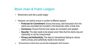 Block chain & Public Ledgers
All transactions in block chain secured with Cryptographic Hash functions.
 