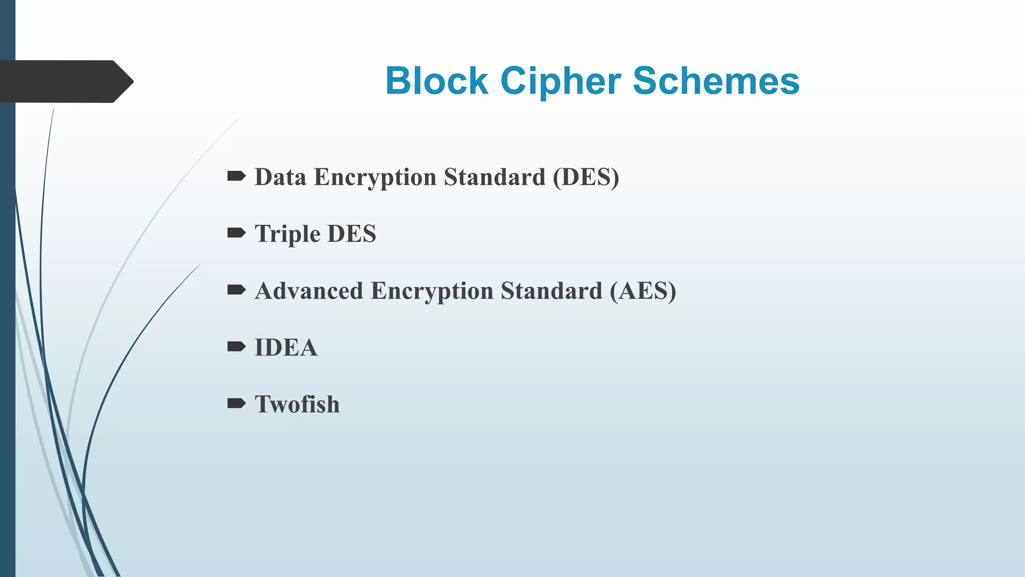 Block Cipher Schemes
 Data Encryption Standard (DES)
 Triple DES
 Advanced Encryption Standard (AES)
 IDEA
 Twofish
 