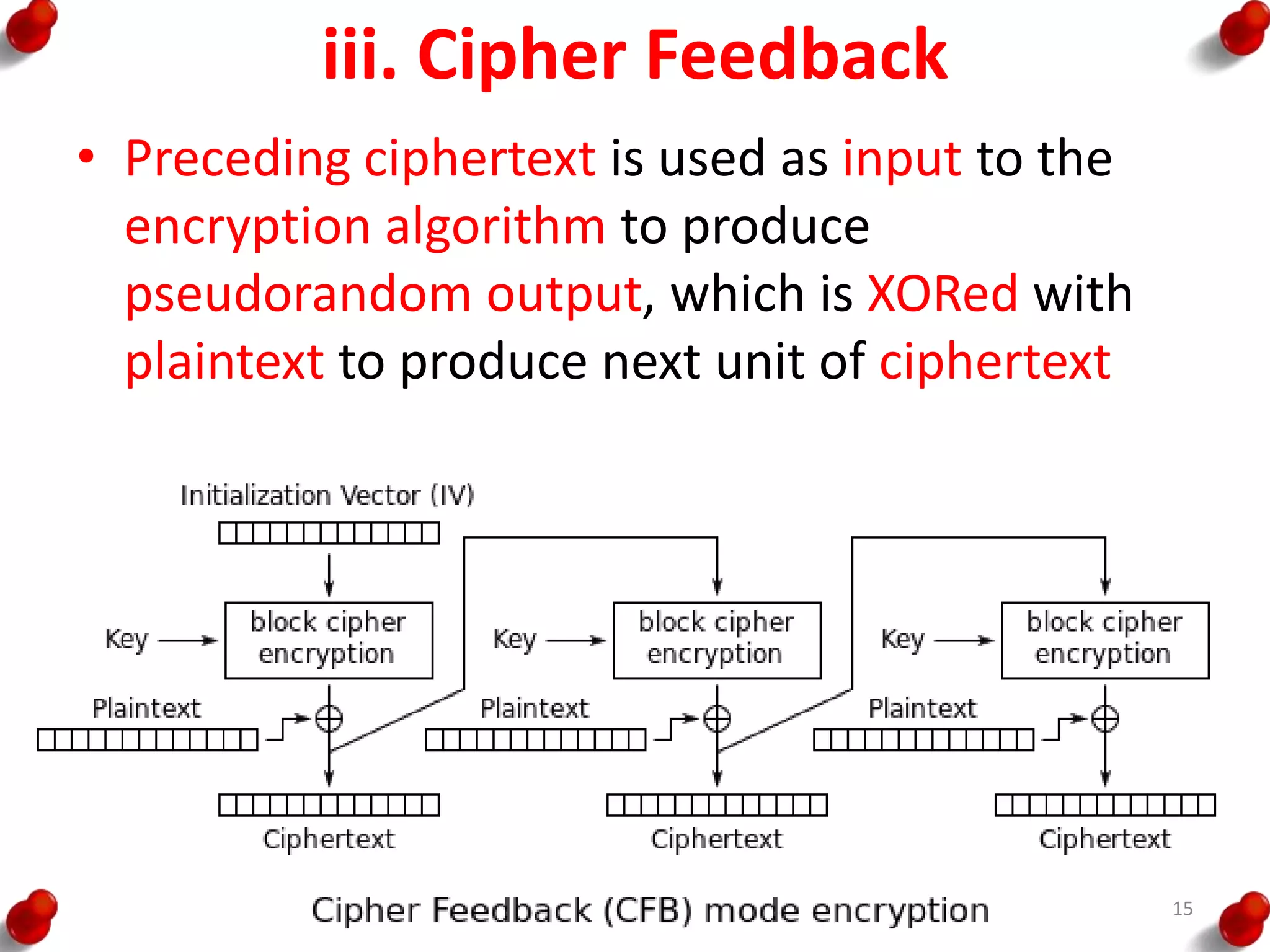 iii. Cipher Feedback
• Preceding ciphertext is used as input to the
encryption algorithm to produce
pseudorandom output, which is XORed with
plaintext to produce next unit of ciphertext
15
 