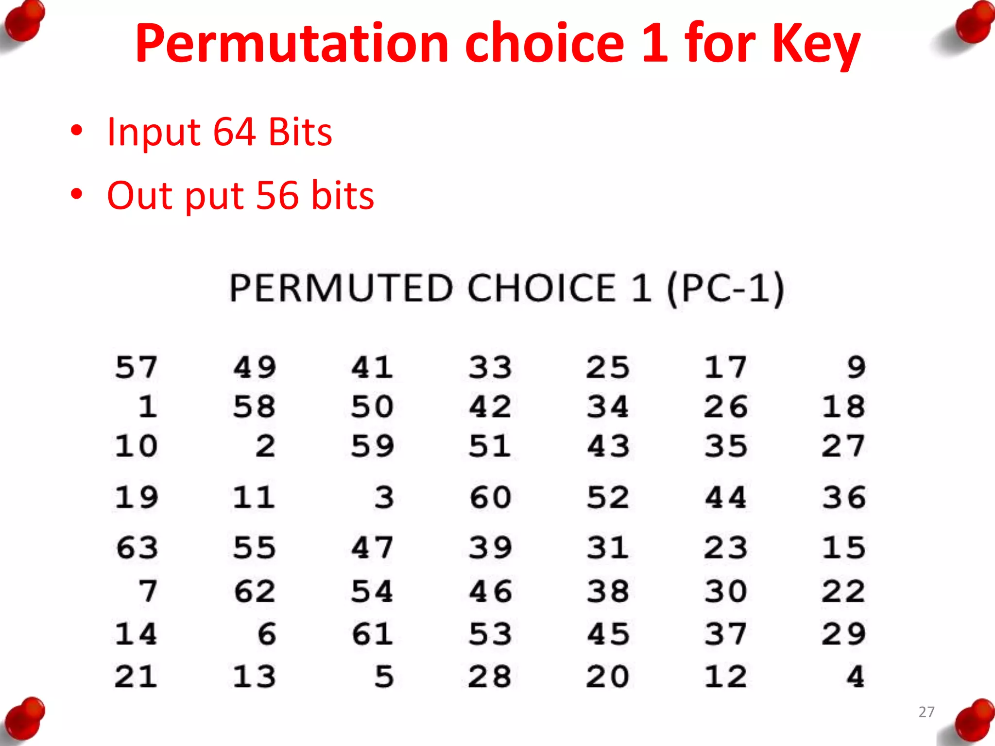 Permutation choice 1 for Key
• Input 64 Bits
• Out put 56 bits
27
 